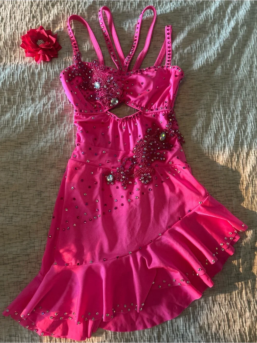 Girls' Neon Pink Dance Costume with Rhinestone Embellishments